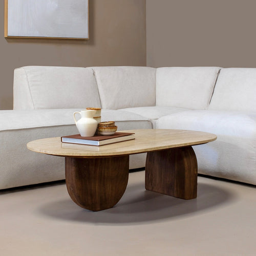 Giga Meubel Salontafel Wessel Ovaal - Travertin/Hout - Bruin - 120x65x38cm - vtwonen shop