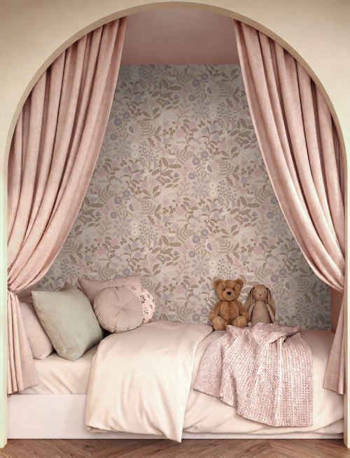 ESTAhome behang bloemen en vogels taupe en lila paars - 50 x 900 cm - 132231