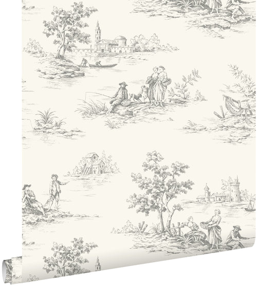 ESTAhome behang toile de jouy print grijs - 50 x 900 cm - 132106