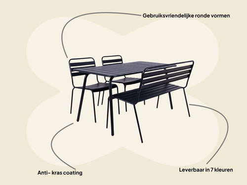 MaximaVida metalen tuinset Max zwart 150 cm – 1 tafel met 2 stoelen en 1 bank