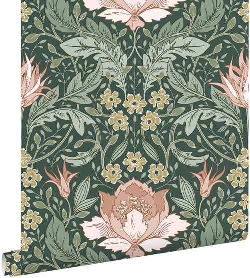ESTAhome behang vintage bloemen in art nouveau stijl donkergroen en licht roze - 50 x 900 cm - 131081 - vtwonen shop
