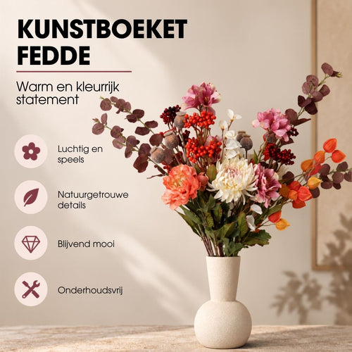 Mica Decorations Fedde Boeket Roze met 18 Stelen - Kunstboeket met Bloemen, Bladeren en Takken - Kunstbloemen Roze, Crème en Oranje - Polyester Boeket