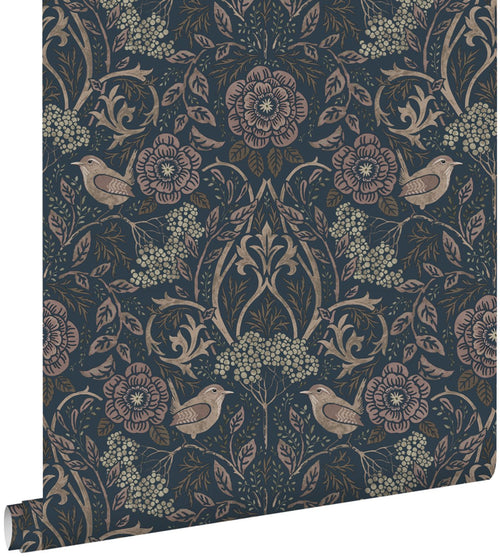 ESTAhome behang bloemen en vogels donkerblauw en oudroze - 53 cm x 10.05 m - 139832