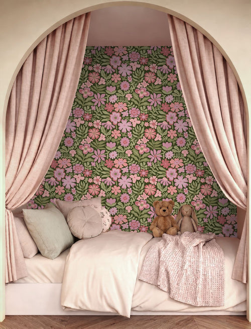 ESTAhome behang bloemetjes groen, roze en paars - 50 x 900 cm - 132293