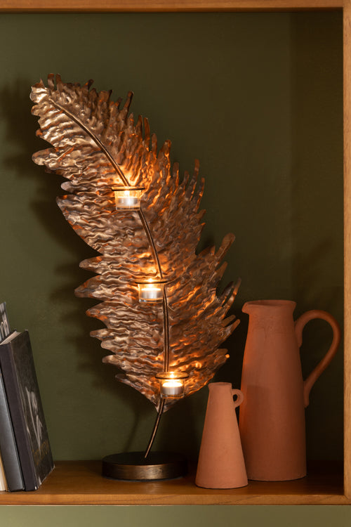 J-Line theelichthouder Blad - metaal/glas - bruin