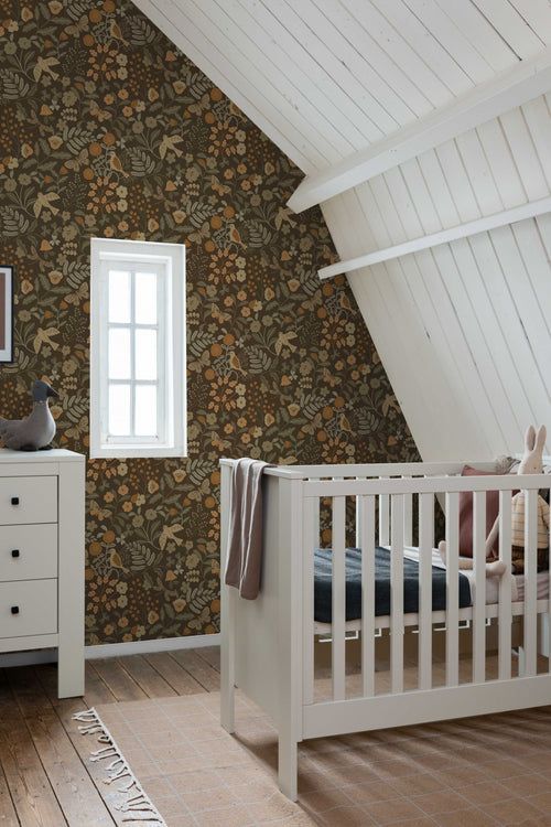 ESTAhome behang bloemen en vogels vergrijsd groen, bruin en okergeel - 50 x 900 cm - 131466 - vtwonen shop