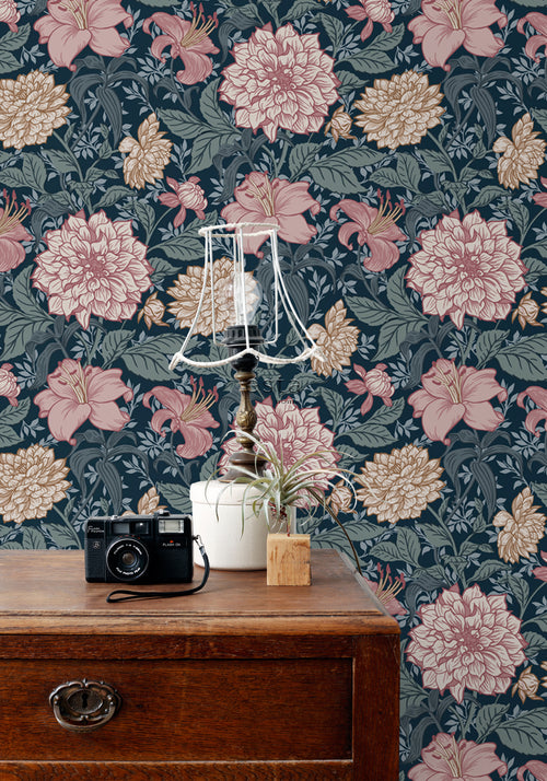 ESTAhome behang vintage bloemen blauw en oudroze - 53 cm x 10.05 m - 139382