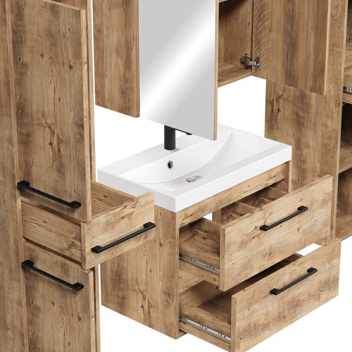 Badplaats Badkamermeubel Set Florence 60 cm XL – Kastanje Eiken – Hangend Badmeubel met Wastafel, Spiegelkast en Zijkasten