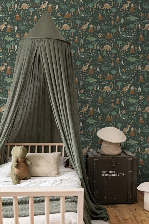 ESTAhome behang dinosaurussen donkergroen en bruin - 53 cm x 10.05 m - 139802