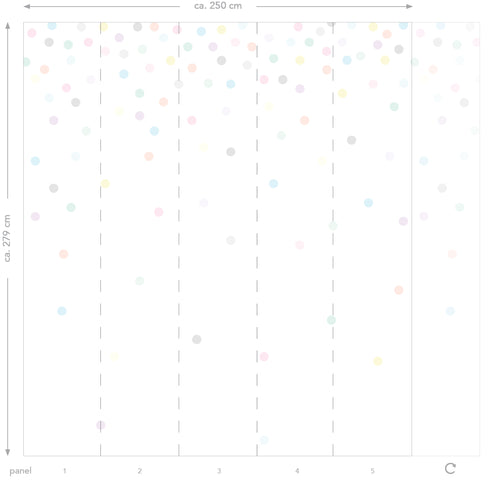 ESTAhome fotobehang vrolijke confetti stippen grijs, geel, paars, zacht roze, mintgroen, blauw en oranje - 250 x 279 cm - 158858