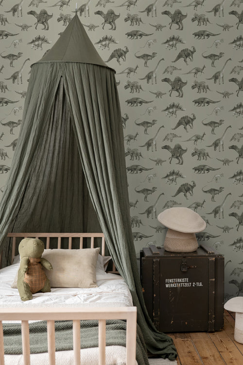 ESTAhome behang dinosaurussen vergrijsd groen - 50 x 900 cm - 131205