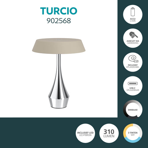 EGLO tafellamp Turcio - oplaadbaar - chroom/zandkleur