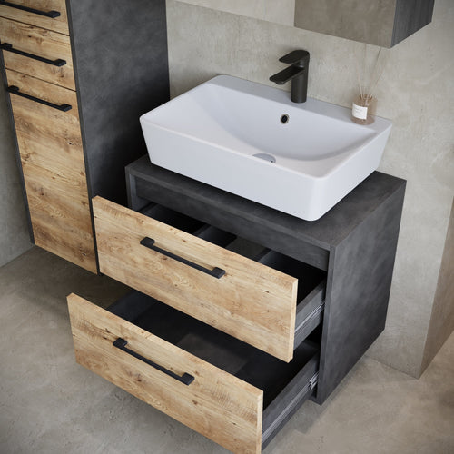 Badplaats Wastafelkast Set Florence 60 x 35 cm – Kastanje Eiken met Donker Grijs – Badmeubel met Spiegelkast en Kolomkast