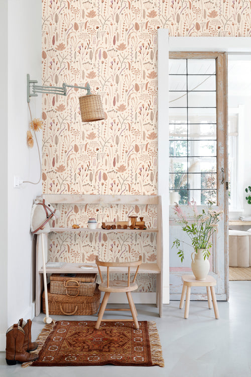 ESTAhome behang veldbloemen warm beige, terracotta en paars - 50 x 900 cm - 131161 - vtwonen shop