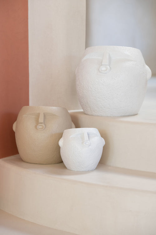 J-Line bloempot - polyresin - wit/beige - medium - 2 stuks