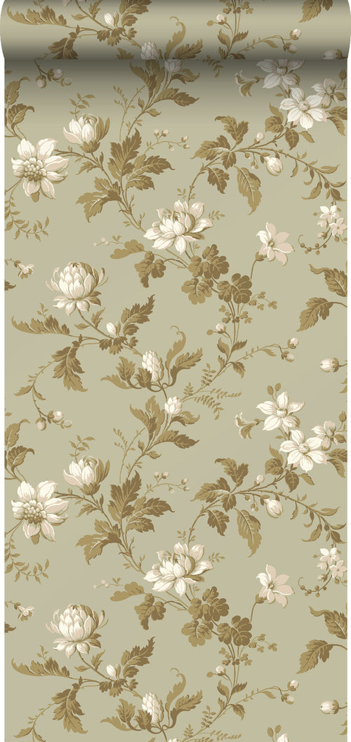 Borastapeter behang vintage bloemen vergrijsd olijfgroen - 53 cm x 10.05 m - 660056 - vtwonen shop