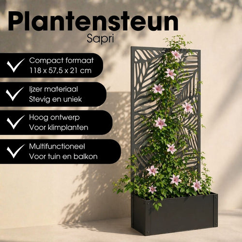 Mica Decorations Sapri Plantensteun - Plantenbak met Klimrek voor Klimplanten - Plantenstandaard Vrijstaand of tegen Muur - 57,5 x 21 x 118 cm - Zwart