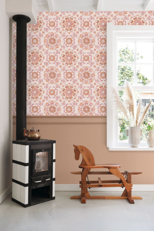 ESTAhome behang tegelmotief roze en terracotta - 50 x 900 cm - 131785