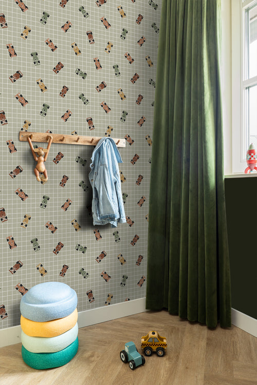 ESTAhome behang race auto's vergrijsd groen - 50 x 900 cm - 131753