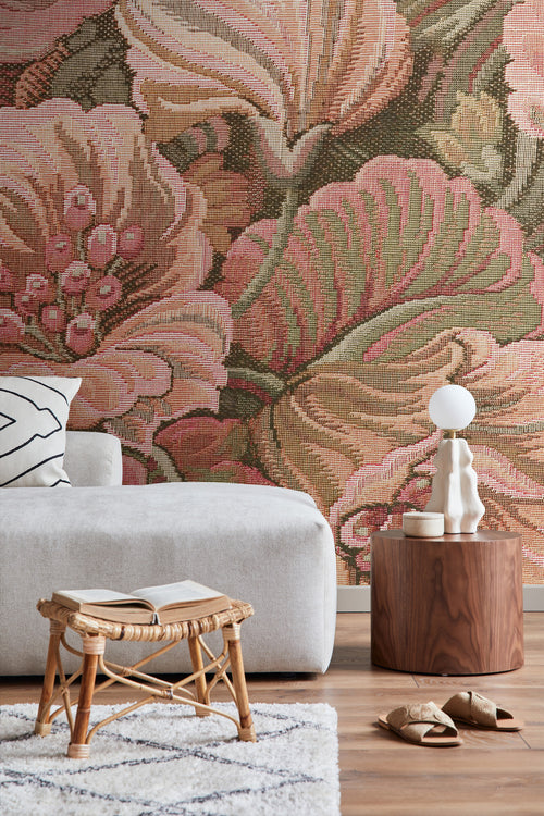 ESTAhome fotobehang geborduurd bloemmotief roze en groen - 250 x 279 cm - 159467 - vtwonen shop