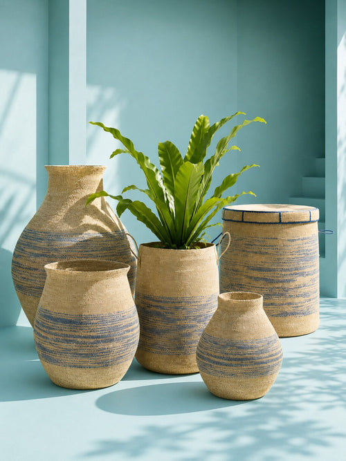 J-Line mand Met Handvat + Deksel Gestreept - zeegras - naturel/blauw