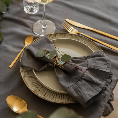 Walra - Servet Set Lovely Linen Ruffles - 4x 40x40 cm - Antraciet