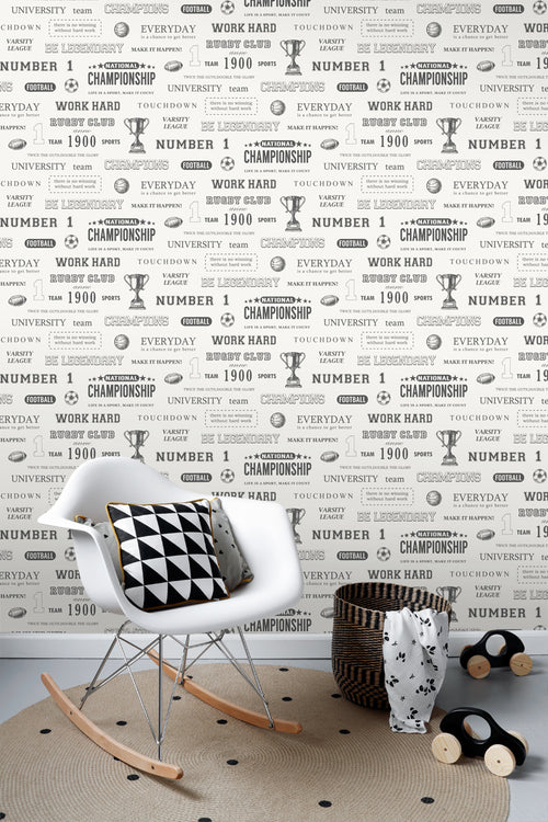 ESTAhome behang sportquotes zwart op gebroken wit - 53 cm x 10.05 m - 128817