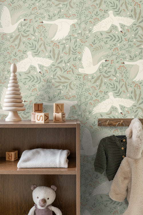 ESTAhome behang zwanen mintgroen - 53 cm x 10.05 m - 130960