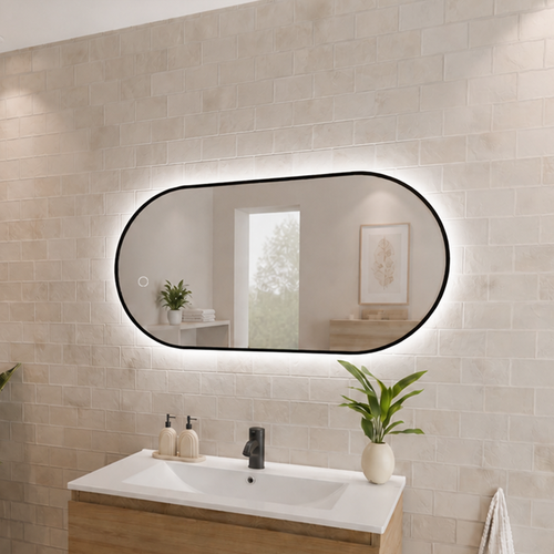 LOMAZOO badkamerspiegel Tanger - draaibaar - met LED verlichting & spiegelverwarming - ovaal - zwart - 100 x 50 cm