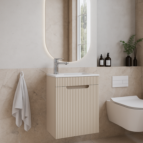 Badplaats Toiletmeubel Thermis 40 x 22 cm – Beige – Fonteinmeubel met Witte Wastafel