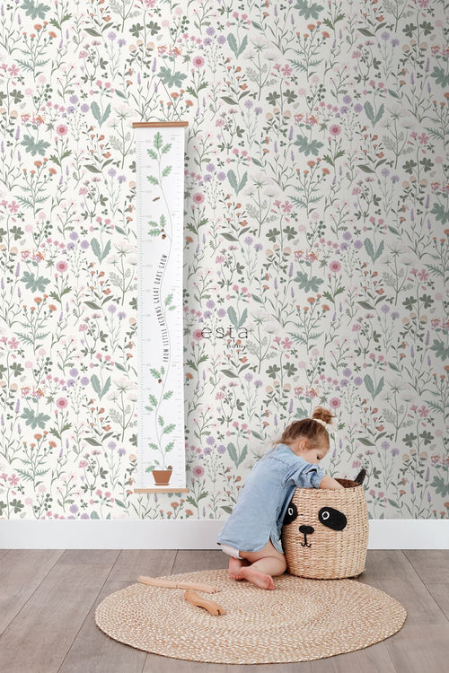 ESTAhome behang veldbloemen lila paars, roze en groen - 53 cm x 10.05 m - 139482