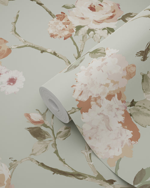ESTAhome behang vintage bloemen vergrijsd mintgroen en zacht roze - 53 cm x 10.05 m - 139291 - vtwonen shop