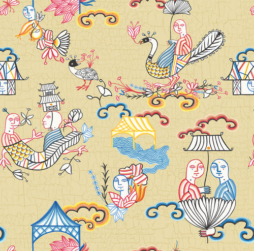 Walls4You behang surrealistisch motief geel en meerkleurig - 53 cm x 10 m - 640155