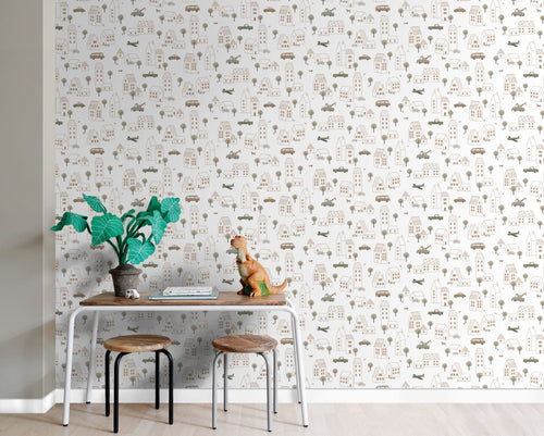 ESTAhome behang voertuigen wit, bruin en groen - 50 x 900 cm - 131826