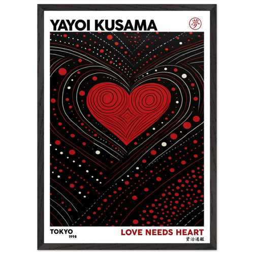 Artfulprints Poster met Lijst Yayoi Kusama - Love needs heart   - 50x70 cm - Zwart
