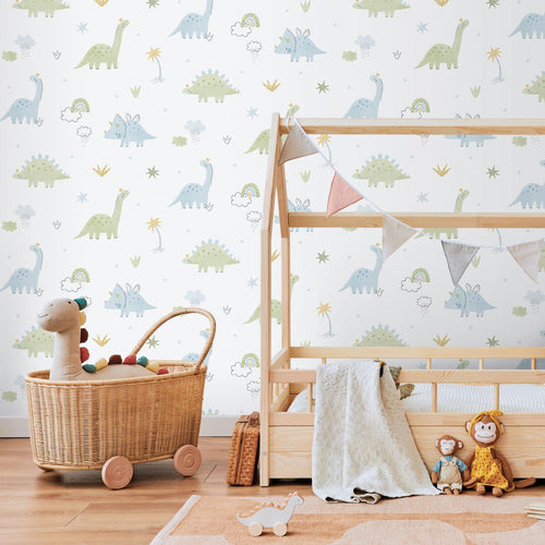 Sanders & Sanders behang dinosaurussen lichtblauw, groen en wit - 53 cm x 10.05 m - 640621
