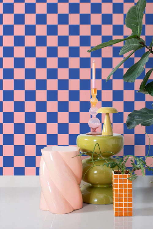 ESTAhome behang geblokt motief roze en koningsblauw - 53 cm x 10.05 m - 130915