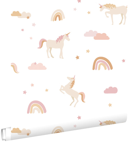 ESTAhome behang unicorns wit, zacht roze en okergeel - 53 cm x 10.05 m - 139581