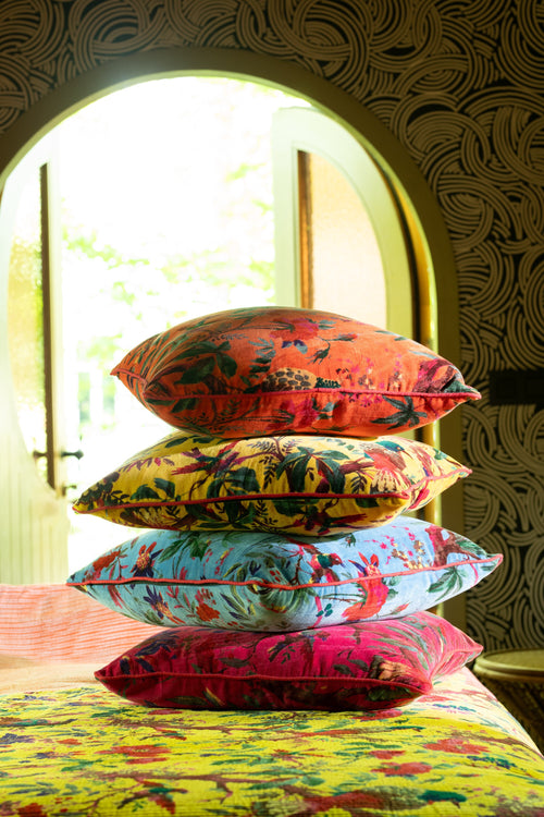 J-Line kussen Vogels Bloemen - katoen/fluweel - oranje - vtwonen shop