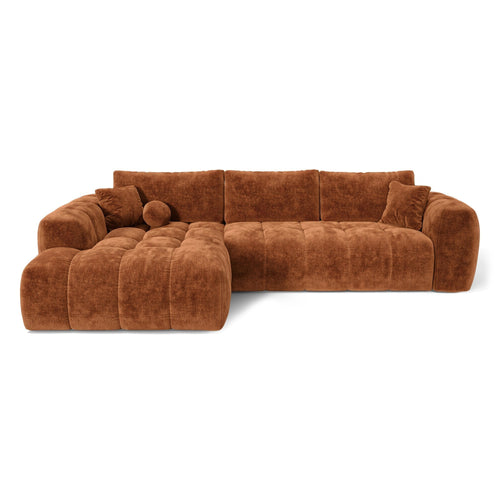 Premium Interiors - Linkshoekbank met slaapfunctie en opbergruimte SKY - gewaafd fluweel terracotta 310cm