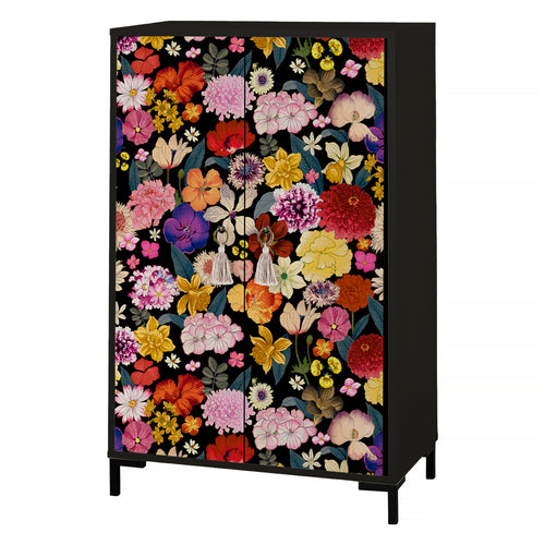 Buffet en MDF met 2 decoratieve deuren, motief zwart met multicolore bloemen WALTER - vtwonen shop
