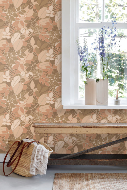 ESTAhome behang bladeren donker beige en terracotta roze - 50 x 900 cm - 139847 - vtwonen shop