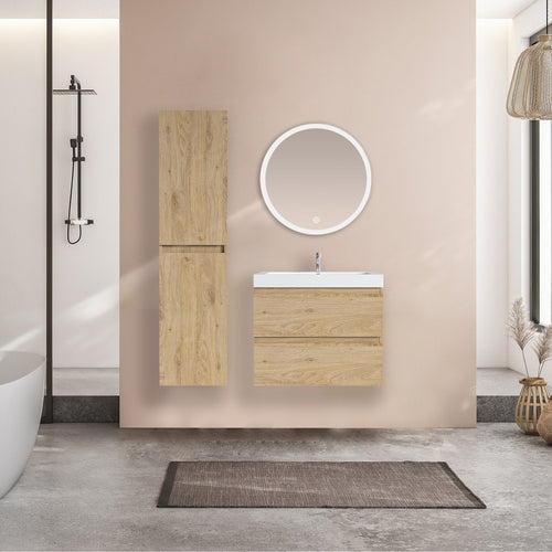 LOMAZOO badmeubelset Avalon - met hoge kast & witte wastafel - licht eiken - 60 cm
