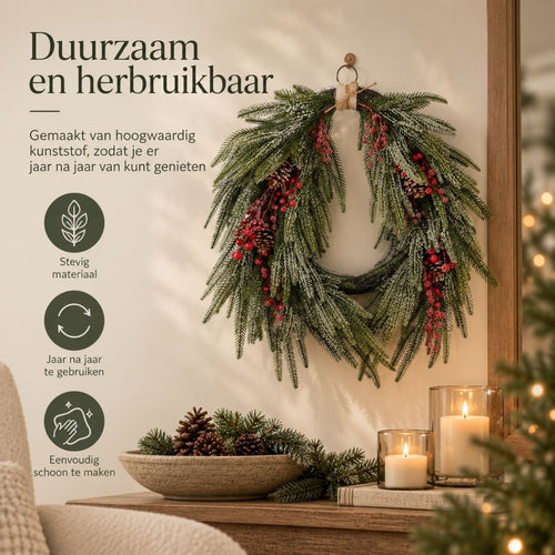 Mica Decorations Krans Dennenappel Groen - Kerstkrans met Rode Bessen en Dennenappels - Decoratieve Deurkrans voor Kerst - Gemaakt van Stevig