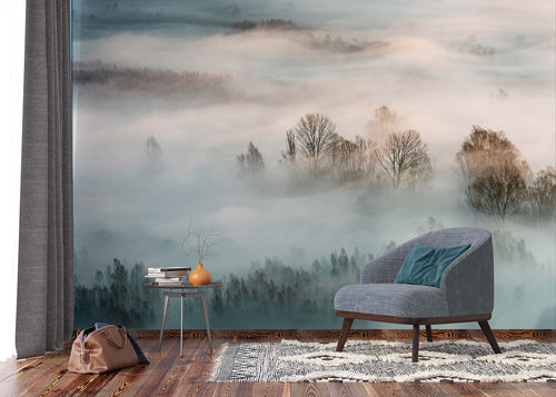 Sanders & Sanders fotobehang berglandschap met bomen vergrijsd blauw, lichtgrijs en bruin - 375 x 270 cm - 601015