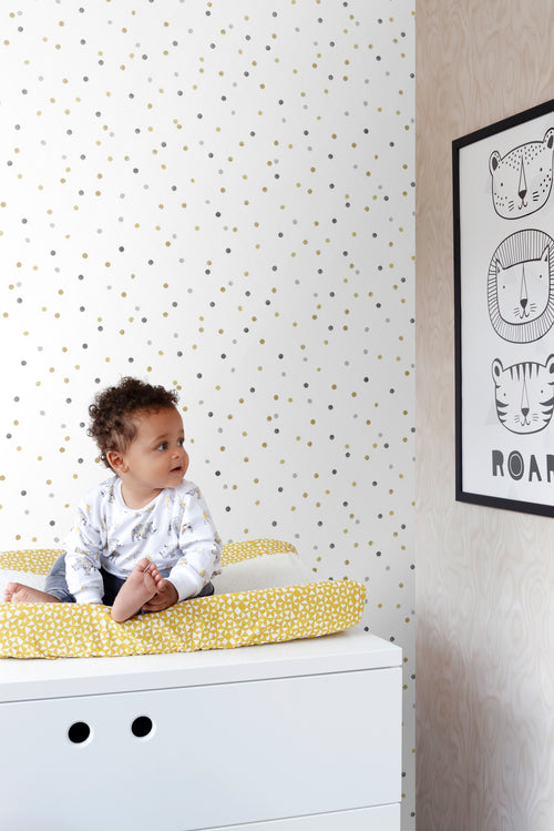 ESTAhome behang stippen goud, lichtgrijs en donkergrijs - 53 cm x 10.05 m - 139050