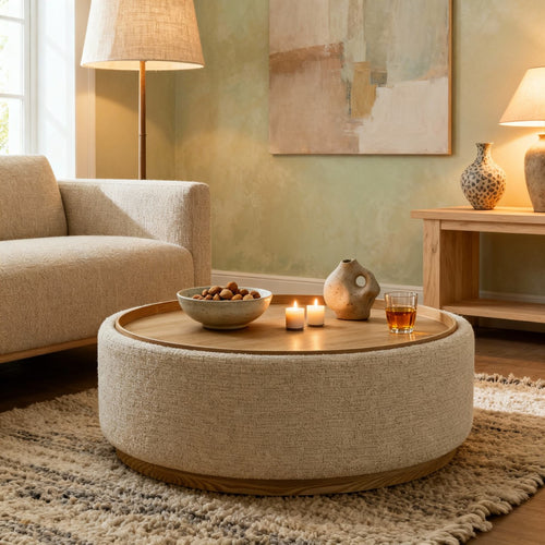 DÉJA Living Salontafel Marcia - Rond Beige/Naturel - Incl. Opbergruimte - Ø83cm