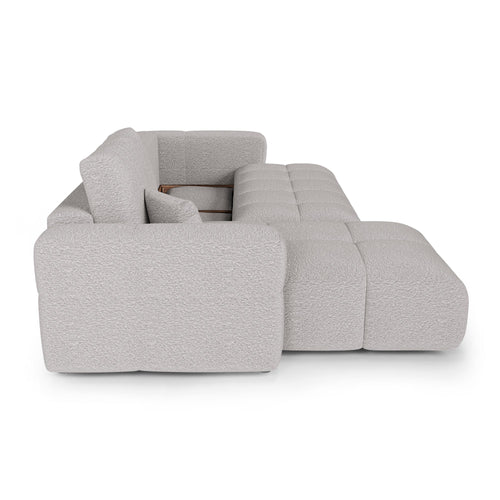 Premium Interiors - Linkshoekbank met slaapfunctie en opbergruimte VIBE - bouclé-stof lichtgrijs 286cm