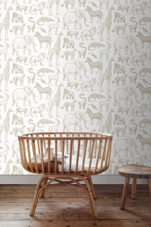 ESTAhome behang jungle dieren wit en beige - 53 cm x 10.05 m - 139690