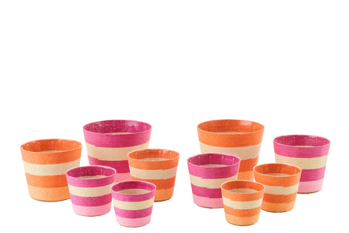 J-Line bloempot Gestreept - papier - roze/oranje - extra large - set van 2
